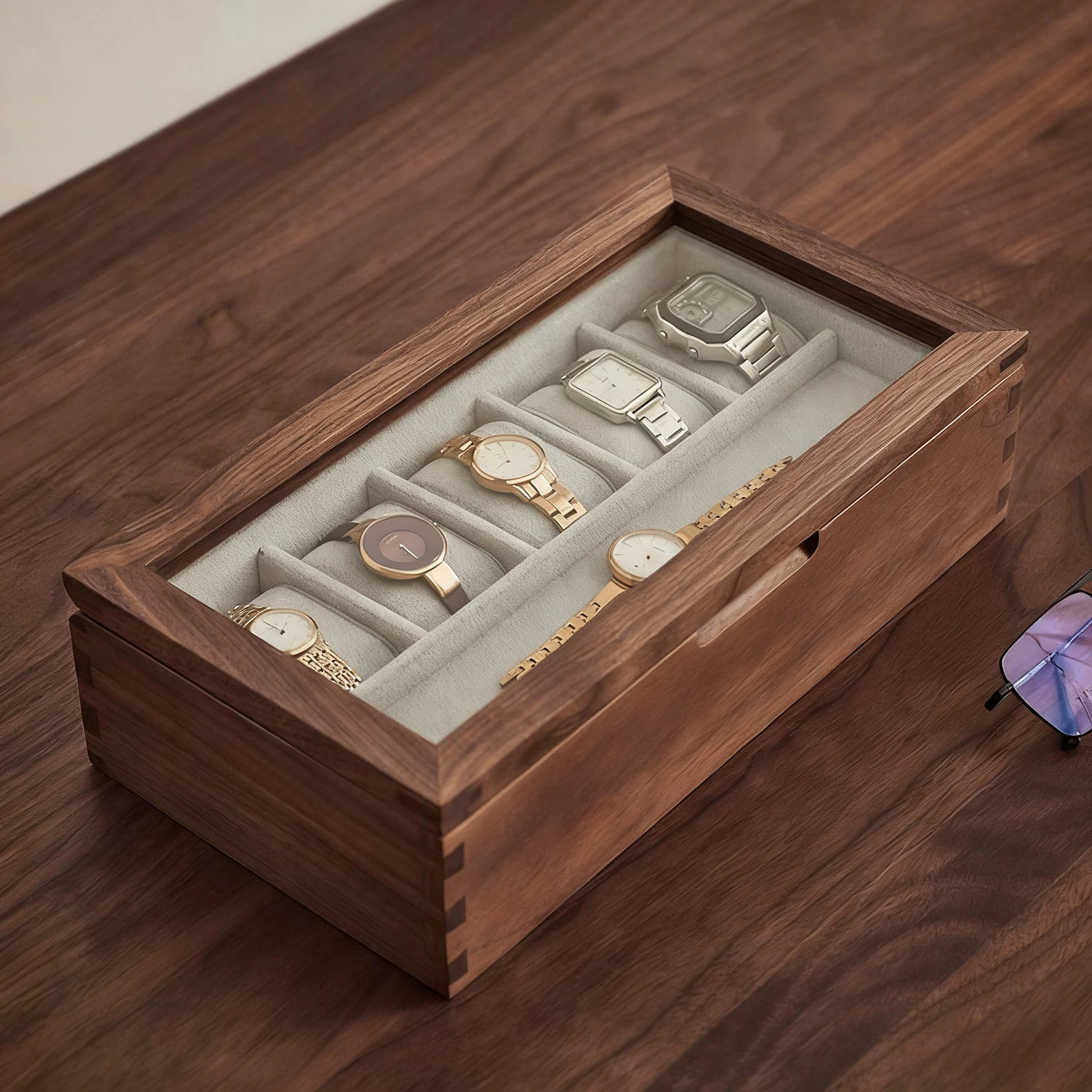 Rerlaur Stefan Walnut Watch Collection Box with Glass Top