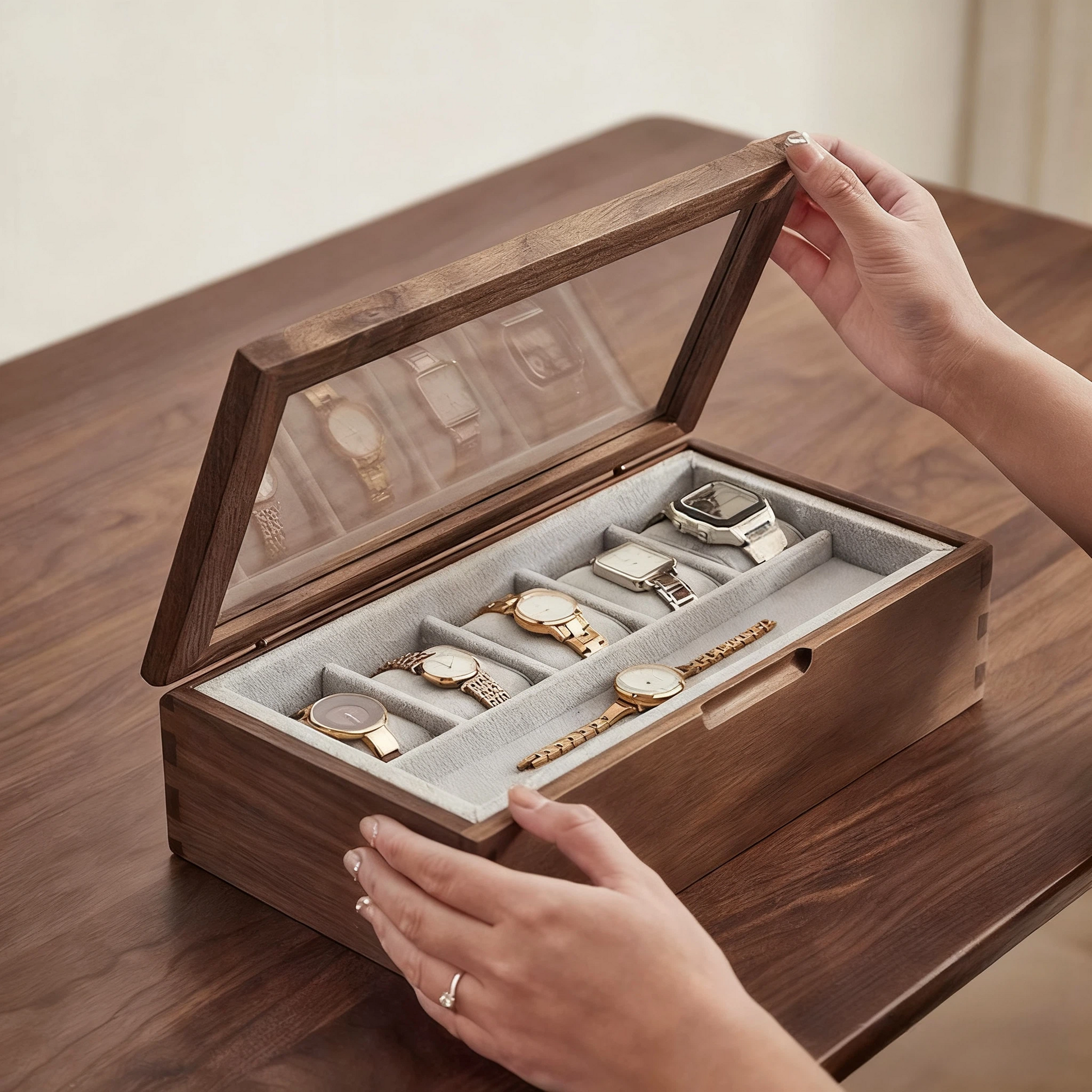 Rerlaur Stefan Walnut Watch Collection Box with Glass Top