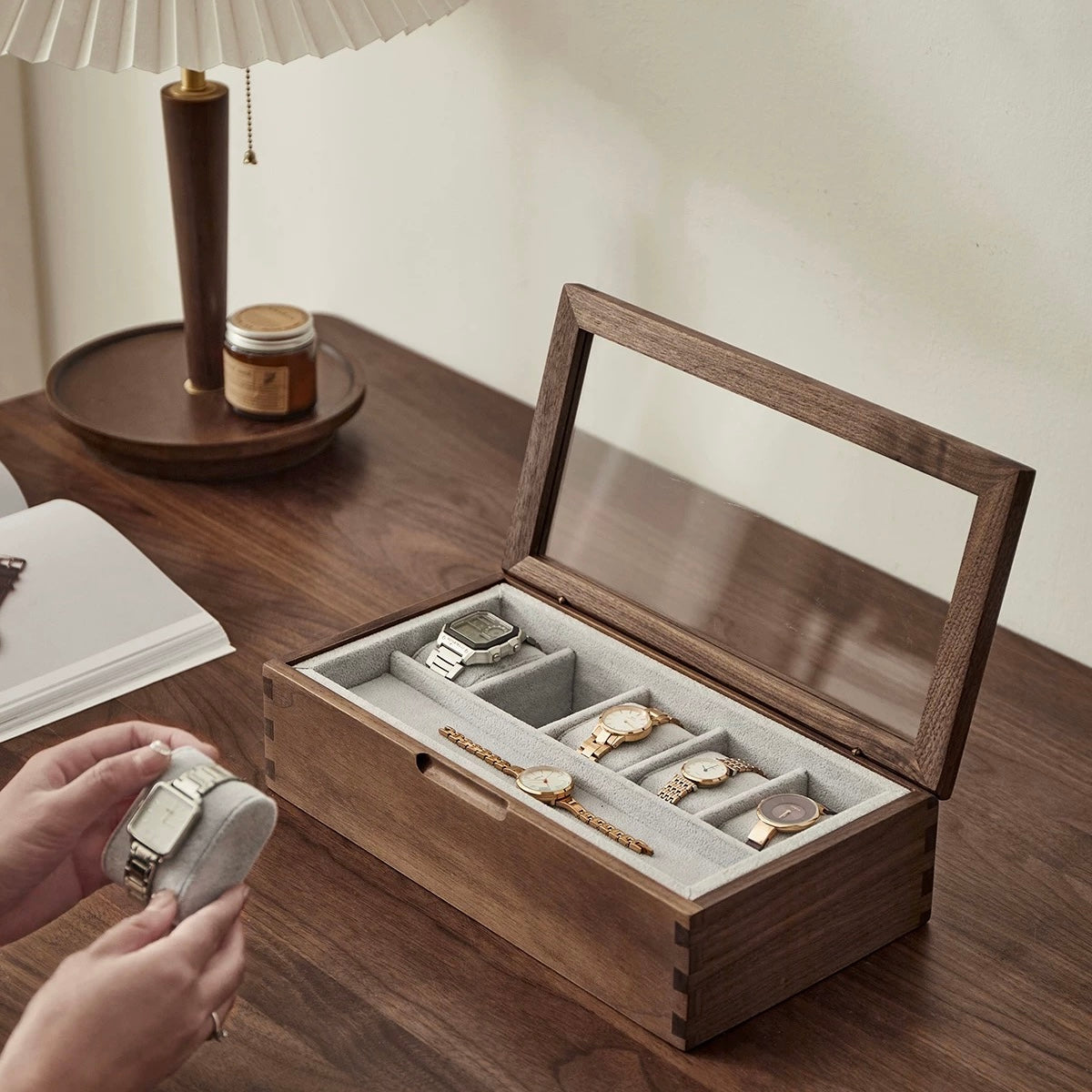 Rerlaur Stefan Walnut Watch Collection Box with Glass Top