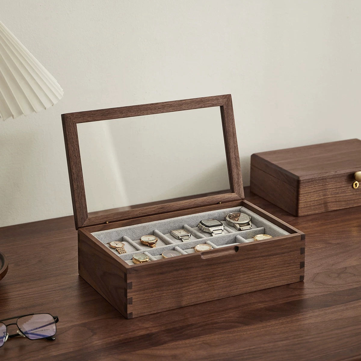 Rerlaur Stefan Walnut Watch Collection Box with Glass Top