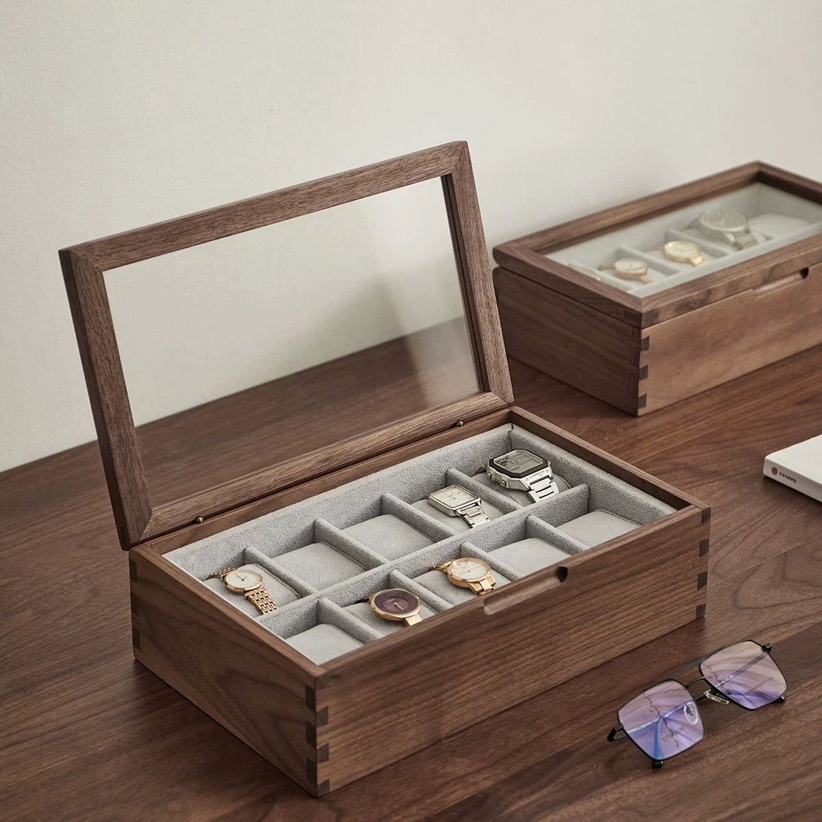 Rerlaur Stefan Walnut Watch Collection Box with Glass Top