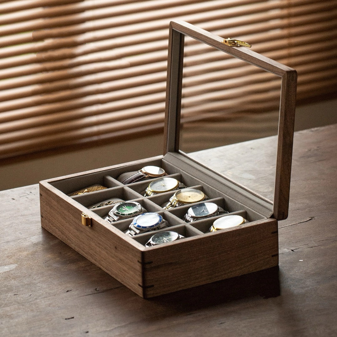 Rerlaur Oskar Walnut Watch Collection Box with Glass Top